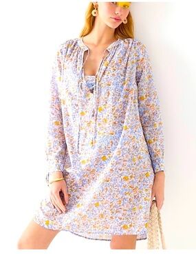 J.Crew Tie-waist Tunic Beach Dress in a blue and orange floral print
